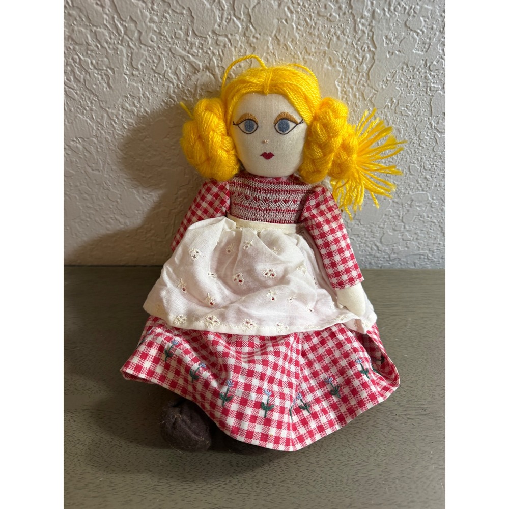 Vintage Handmade Cloth Rag Doll Yellow Yarn Hair Gingham Dress Eyelet Apron 14"